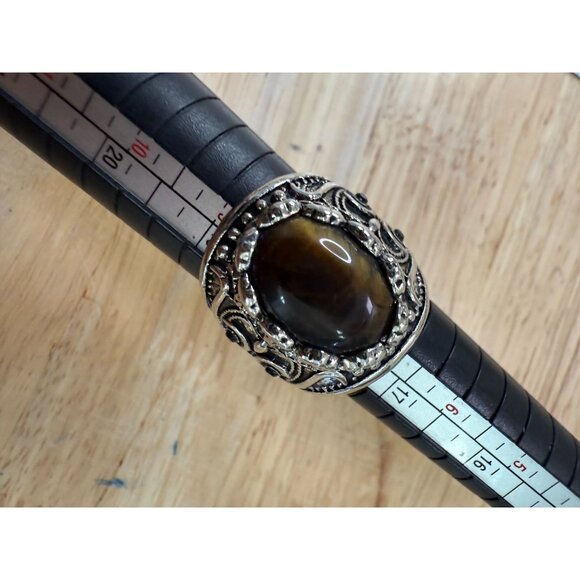 Tigers Eye Gemstone Ring With Intricate Silver-Tone Filigree Design Size 8 - Picture 8 of 13